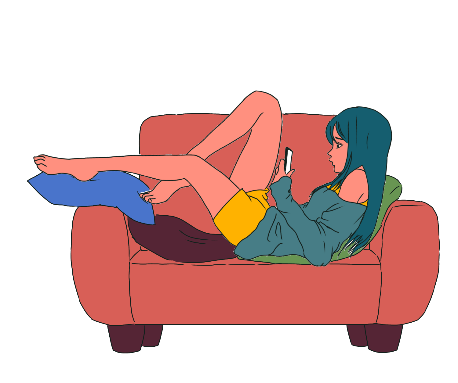 women 女性 ソファでスマホを見る ソファで寝る イラスト