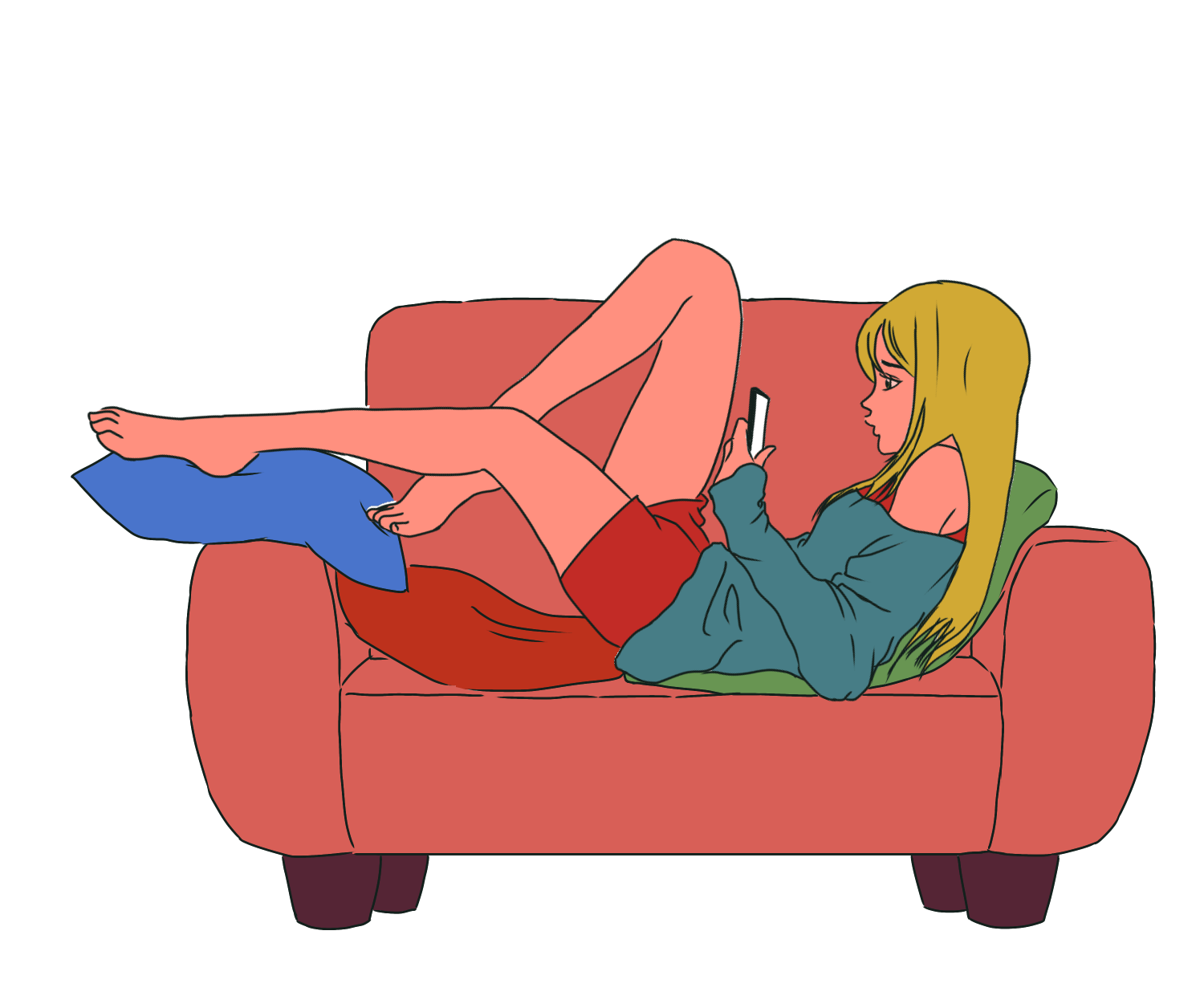 women 女性 ソファでスマホを見る ソファで寝る イラスト